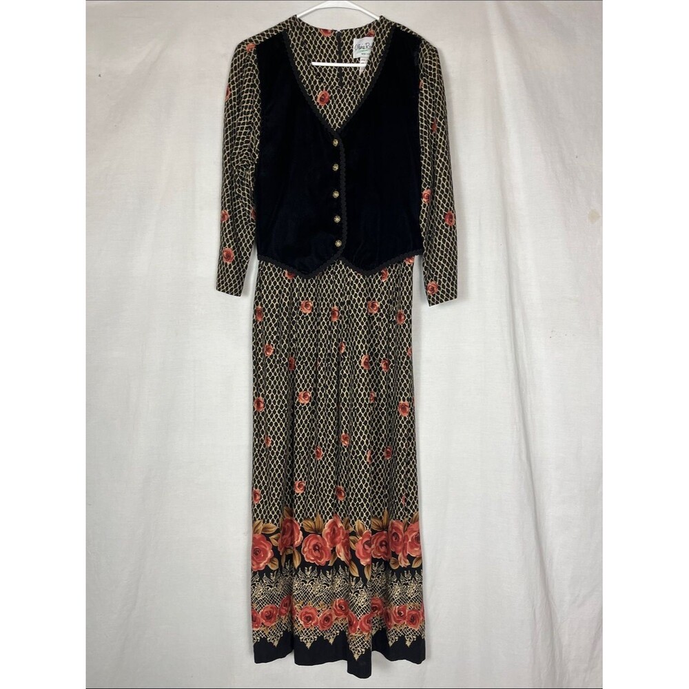 Vintage Olivia Rose New York 90s Black Rose Velvet Vest Maxi Dress